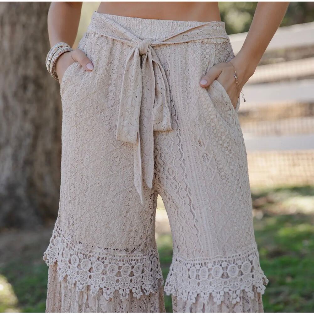NEW Young Threads Desert Dream Cloud Latte Tiered Lace Net Trims Cotton Pants - Picture 3 of 16
